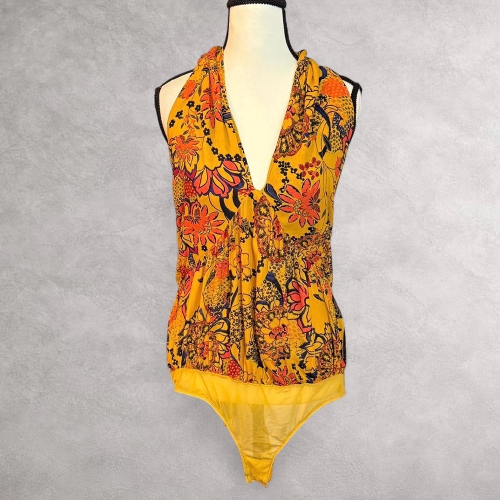 Floral Yellow V-Neck Sleeveless Free‎ People Bodysuit